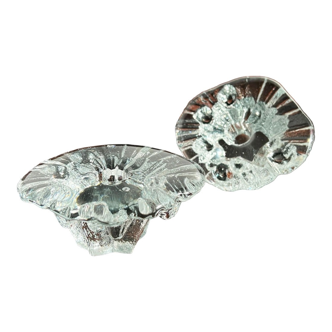Vintage Scandinavian Art Glass 'Ice' Candle Holders by Tapio Wirkkala for Iittala - a Pair: Fabulous pair of vintage c.1960's/70's 'ice' glass candle holders by Tapio Wirkkala for Iittala! Excellent form and a great addition to your table. They measure 4 1/2" by 5" wide and 2" tall each and