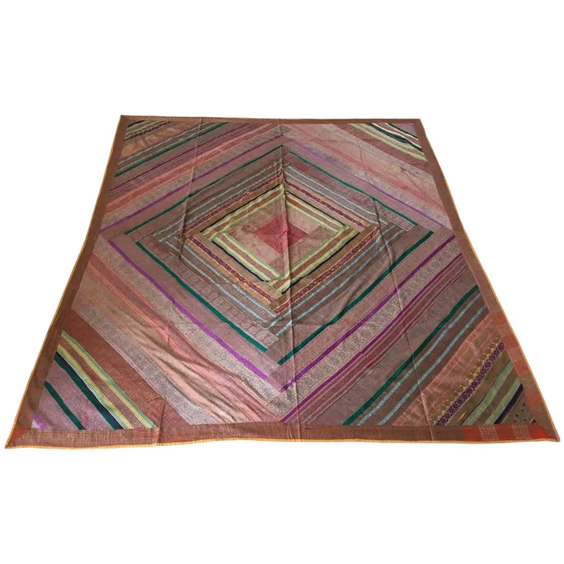 Vintage Indian Silk Sari Textile Quilt Patchwork: Silk sari tapestry quilt patchwork. Handcrafted quilt patchwork made from antique Indian vintage saris borders. Stripes silk pieces made in multicolor bright color with gold lame striped squares. Silk