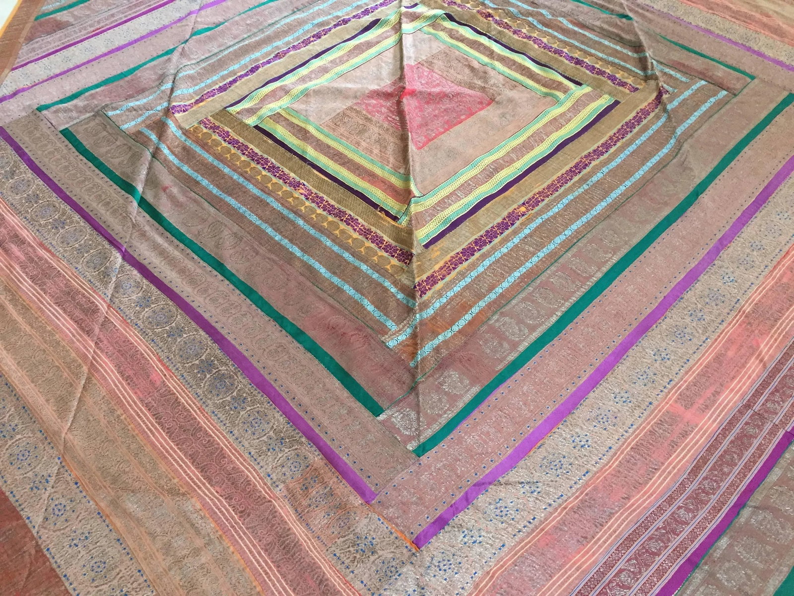 Vintage Indian Silk Sari Textile Quilt Patchwork - 2