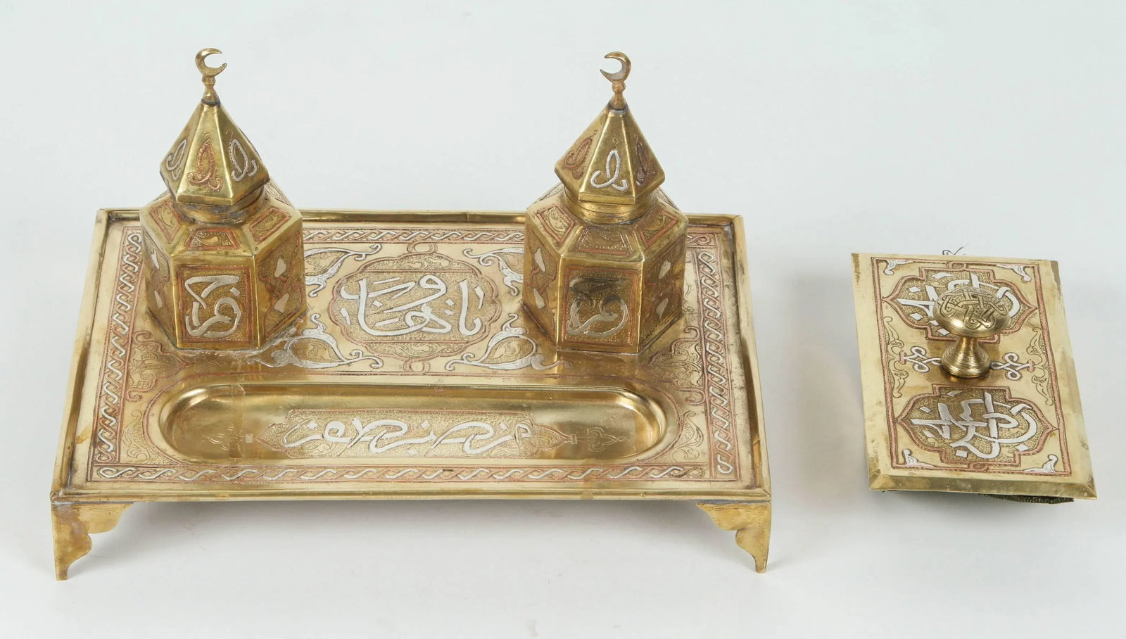 Moorish Style Polished Brass Islamic Desk Inkwells Set - 2