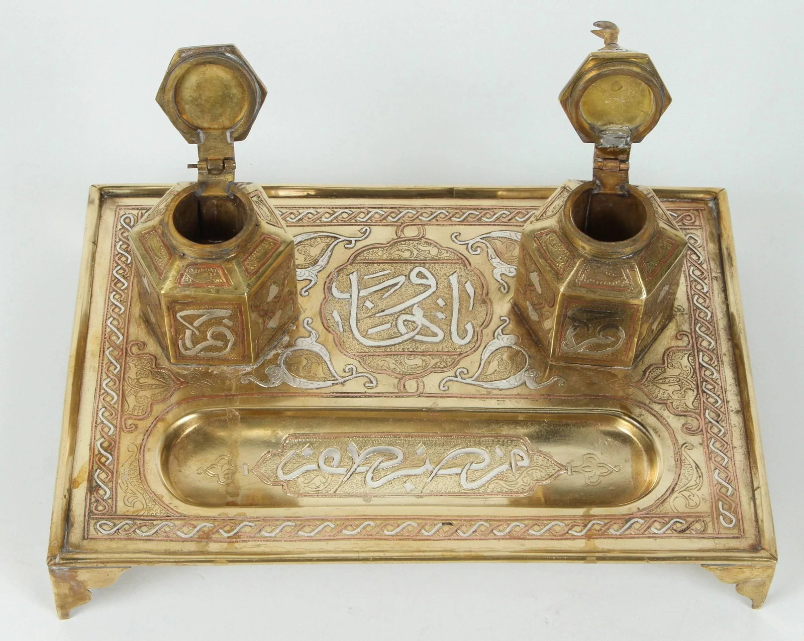 Moorish Style Polished Brass Islamic Desk Inkwells Set - 3
