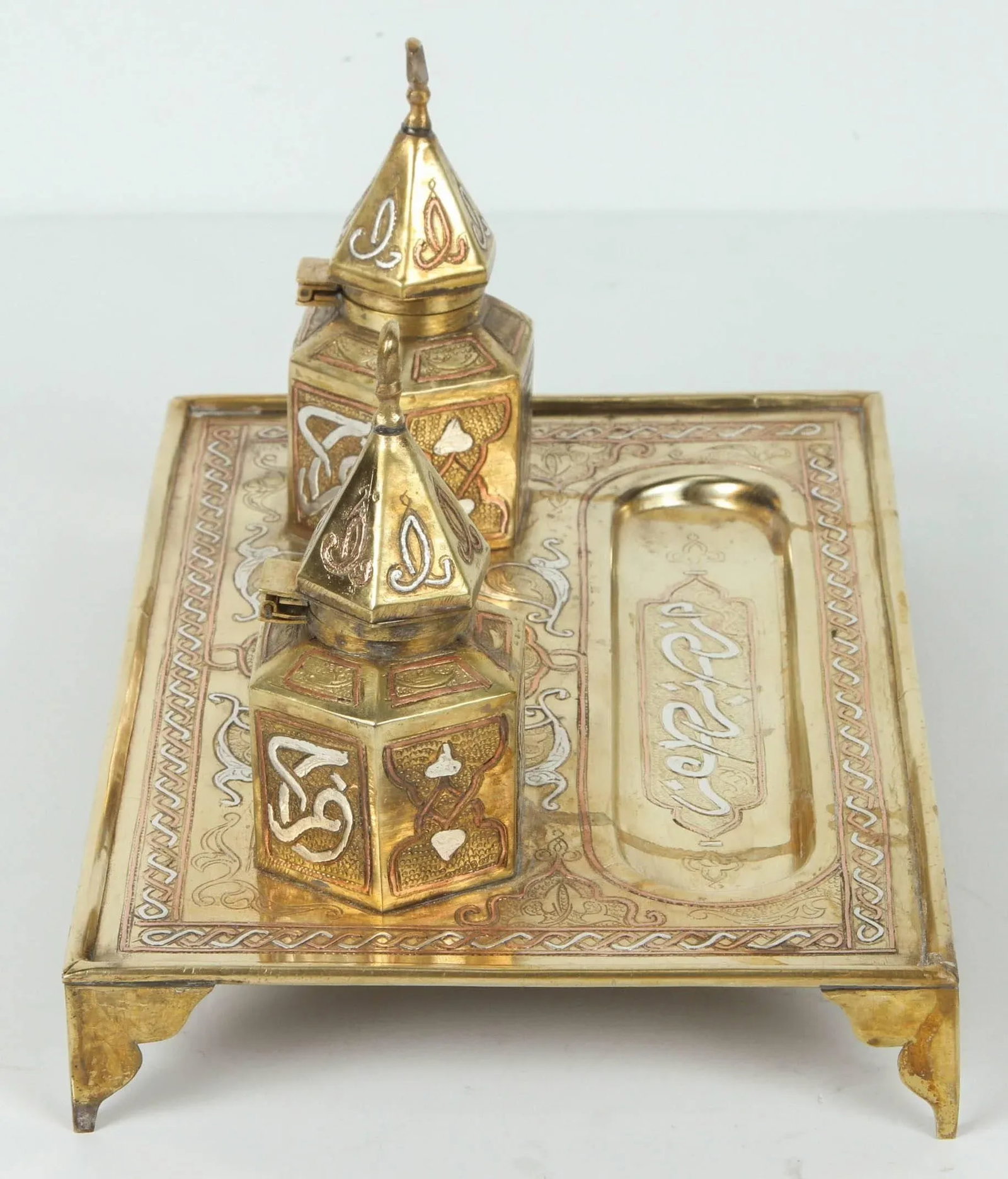 Moorish Style Polished Brass Islamic Desk Inkwells Set - 5