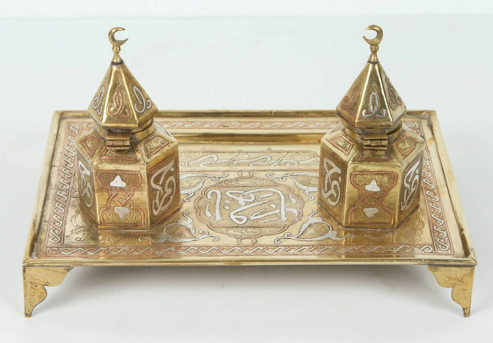 Moorish Style Polished Brass Islamic Desk Inkwells Set - 6