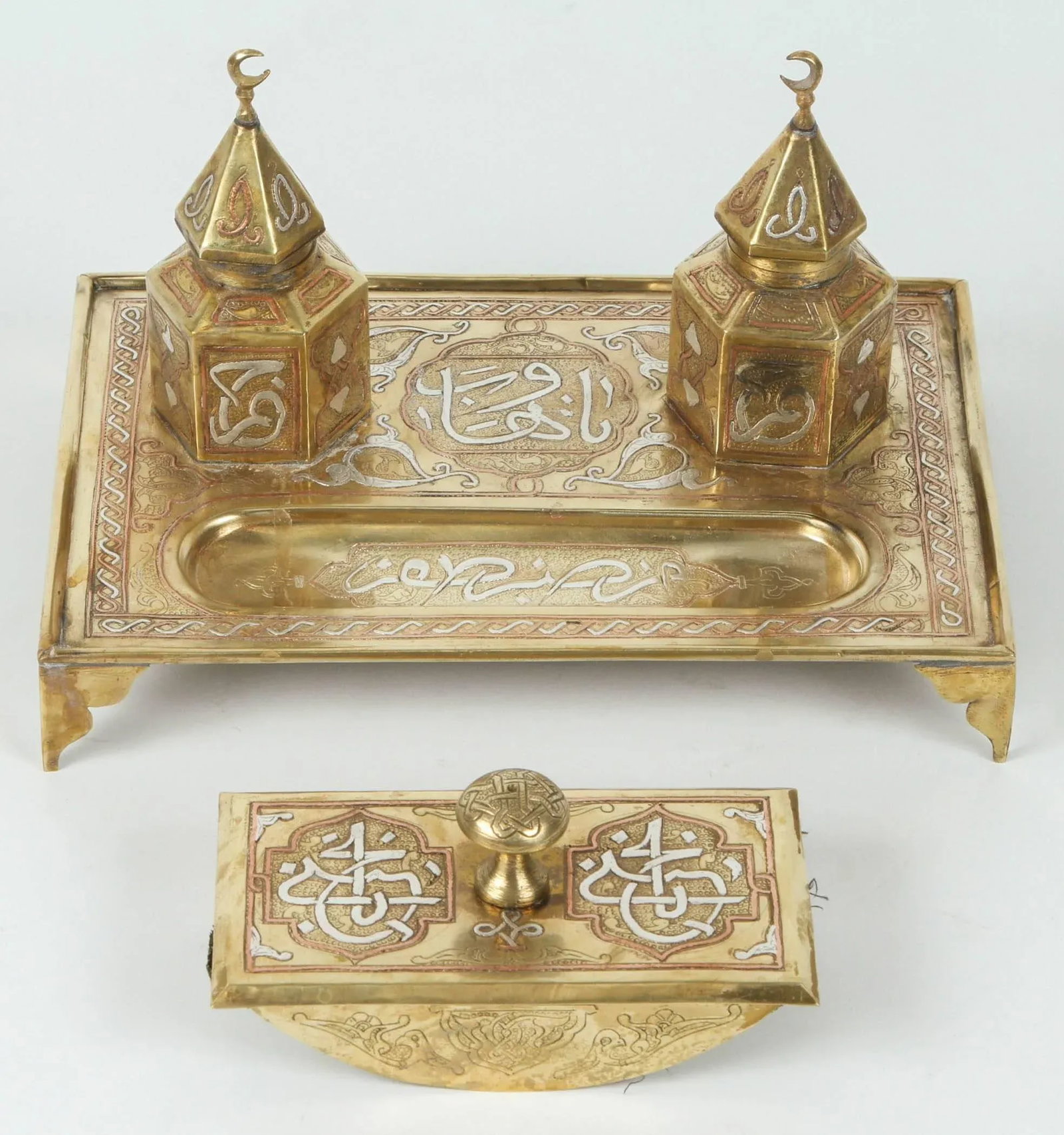 Moorish Style Polished Brass Islamic Desk Inkwells Set - 9