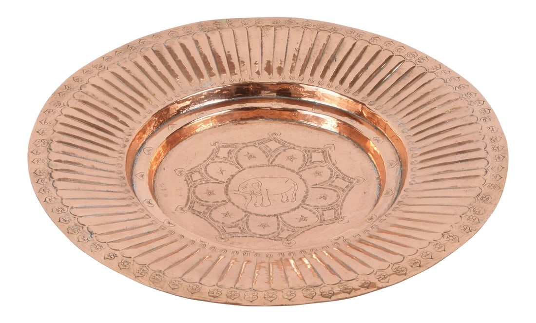 Hanging Round Copper Tray: Polished round copper tray, hand-hammered with geometric design in the middle, and an elephant in the center, the elephant in the Asian culture means protection and long life. Condition: Alterations: