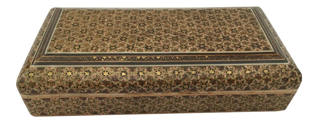 Indo-Persian Khatam Micro Mosaic Jewelry Box: Handcrafted Khatam wooden box with very delicate micro mosaic marquetry from the ancient Persian technique of inlaying from arrangements of so many delicate pieces of wood, precious wood, and delicate