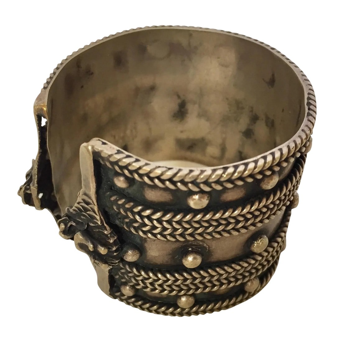 Moroccan Vintage Berber Tribal Ethnic Cuff: Vintage Moroccan Berber tribal bracelet from the High Atlas of Morocco. Handcrafted by Berber women using Moroccan silver nickel. The ethnic Nomadic and Bedouin jewelry from the Maghreb and North Afri