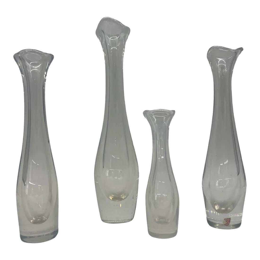 Set of 4 Sven Palmqvist for Orrefors Opalescent Mid Century Bud Vases: Sven Palmqvist (Swedish, 1906-1984), circa 1950's. A set of 4 Opalescent bud vases in the "Selena" pattern. Engraved to underside and one vase bearing partial original label. Approx: 12.5" Largest, 10
