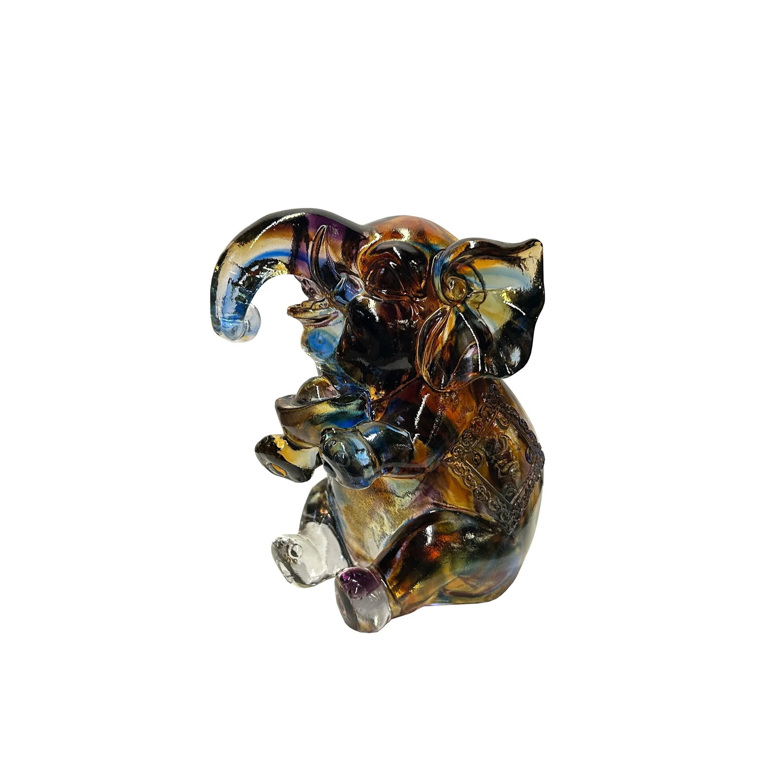Pair Mixed Color Crystal Glass Fengshui Fortune Trunk Up Elephant Statues - 5