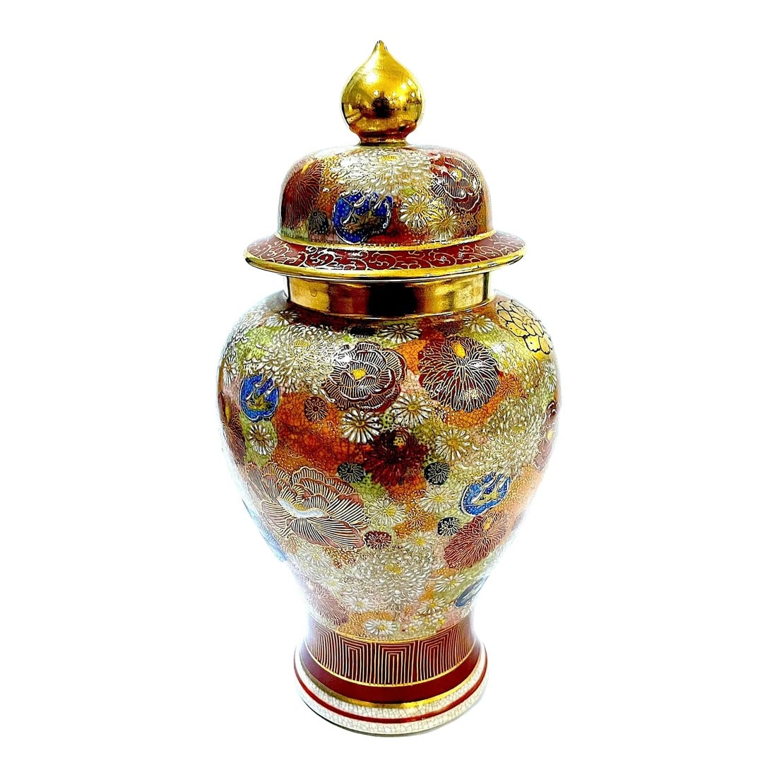 Early 20th Century Japanese Satsuma Mille Fleur Thousand Flowers Ginger Jar: Satsuma ware is a type of earthenware pottery originating from the Satsuma Province in Southern Kyushu, Japan's third largest island. Intricately embellished with delicate yet highly complex