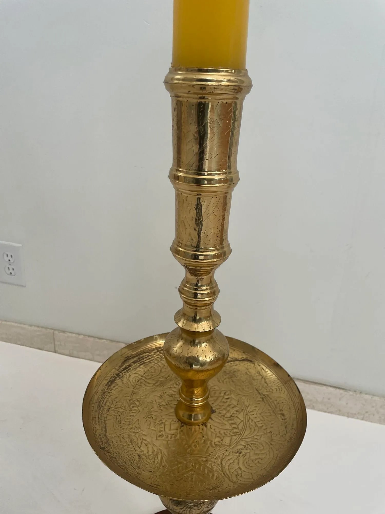 Vintage Brass Moroccan Pillar Candle Holder 1950s - 10