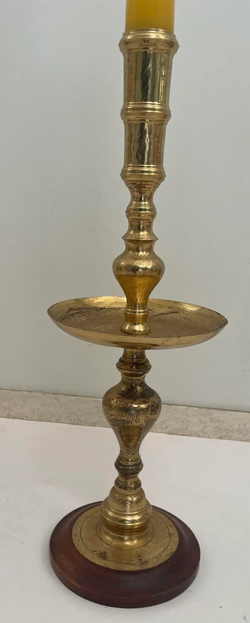 Vintage Brass Moroccan Pillar Candle Holder 1950s - 12
