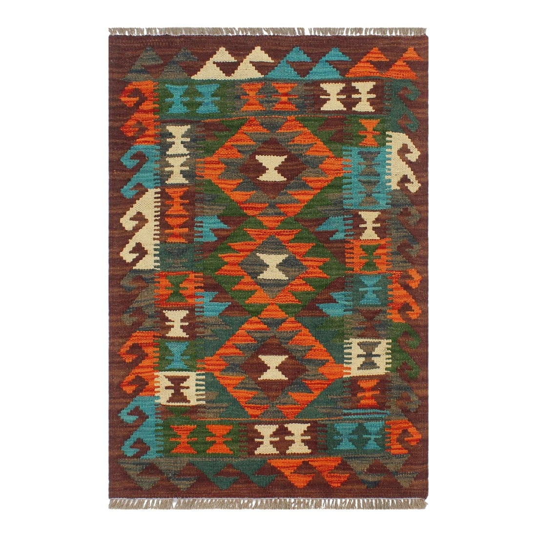 1990s Kilim Rust Brown Wool Rug - 2'0" X 2'11": Add a touch of elegance to your home with this casual chic hand woven Tribal Kilim wool rug. Constructed on a loom by Nomad Turkman people with hand-spun wool and 100% Natural Vegetable dyes these bea