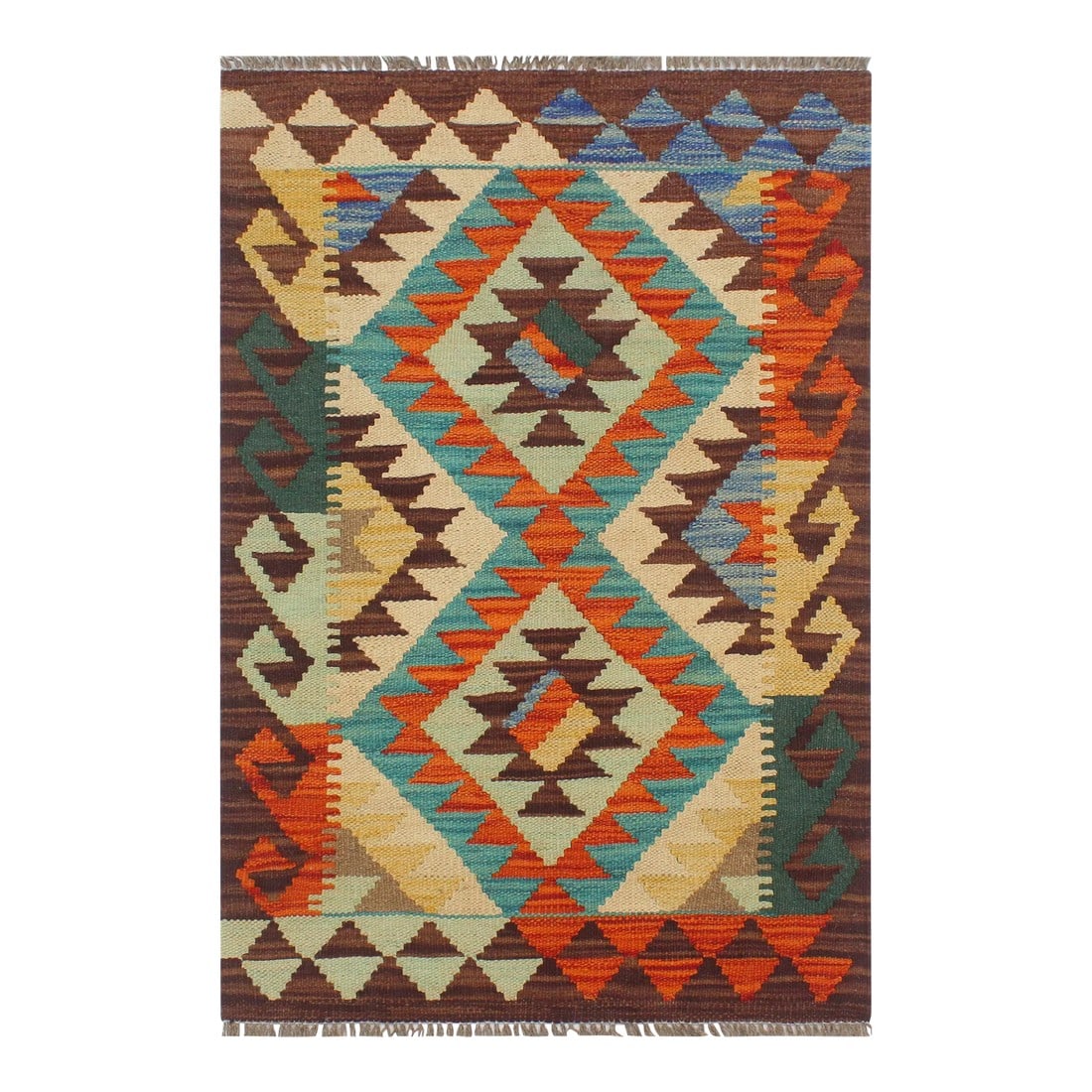 1990s Kilim Teesha Rust Brown Wool Rug - 1'11" X 3'0": Add a touch of elegance to your home with this casual chic hand woven Tribal Kilim wool rug. Constructed on a loom by Nomad Turkman people with hand-spun wool and 100% Natural Vegetable dyes these bea