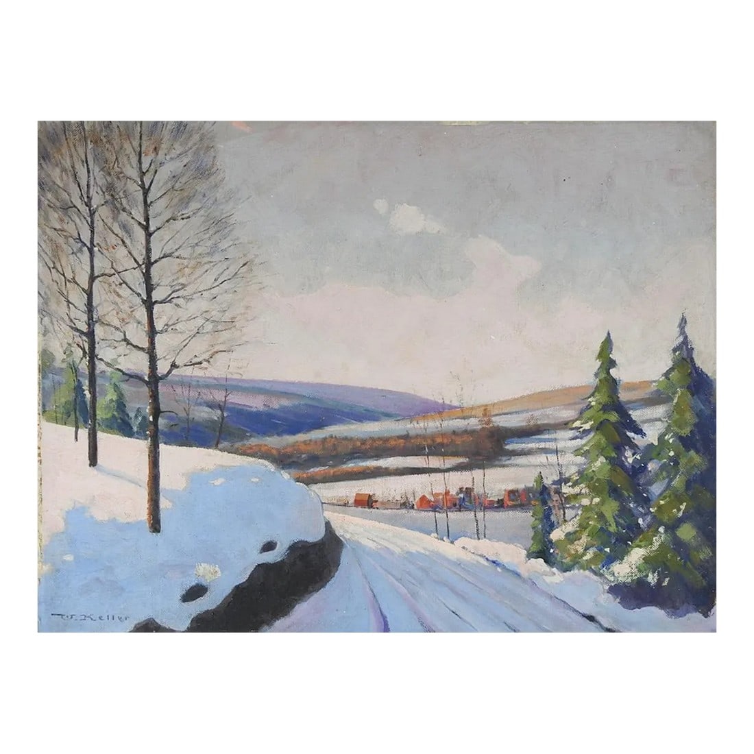 Vintage 1948 Snow Covered New Jersey Winter Sunrise Landscape Painting: Vintage 1948 oil on canvas board winter landscape at sunrise casting a pale pink over the snow. Signed W. Keller lower left corner, label on verso states Road between Morristown and Menham New