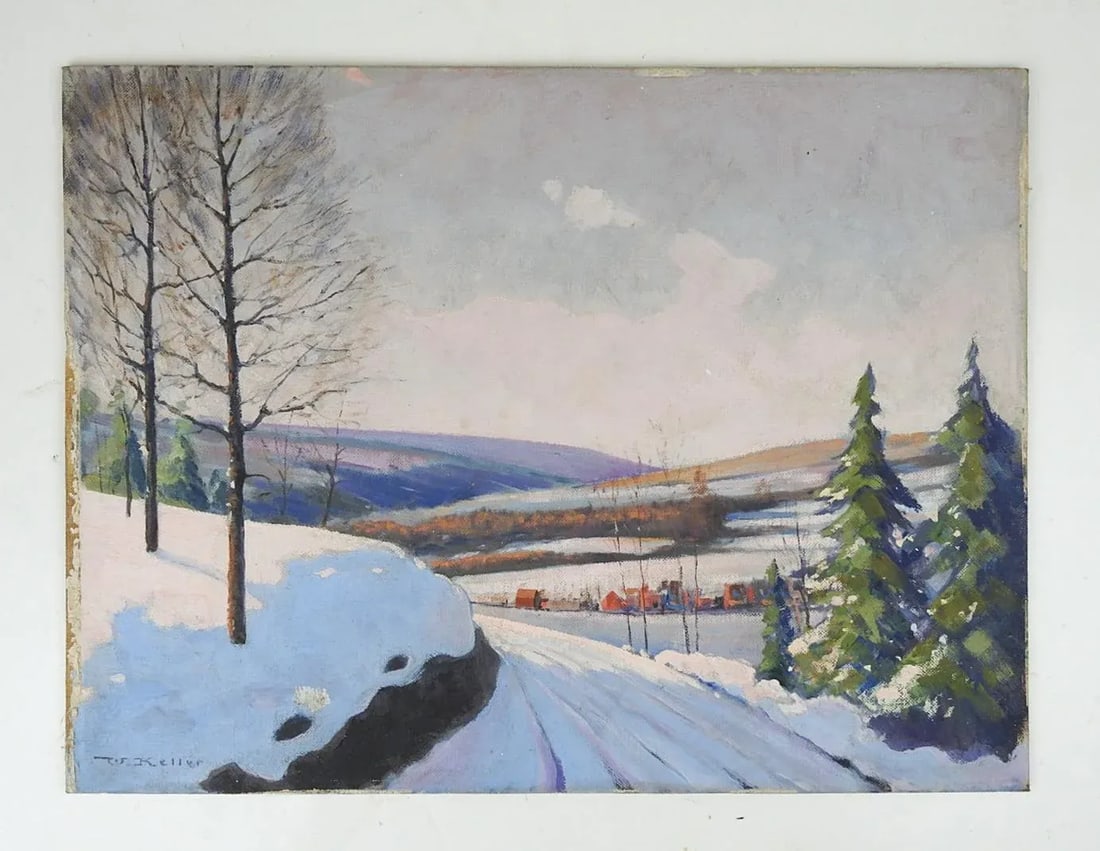 Vintage 1948 Snow Covered New Jersey Winter Sunrise Landscape Painting - 4