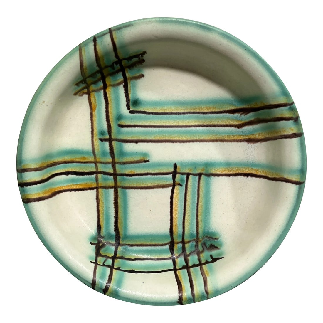 Early 20th Century Louise Harkort for Velten Vordamm Footed Pottery Bowl: Large footed pottery bowl with retro abstract design. Earthy tones of light yellow, green & brown. Cool form having scalloped body and rolled rim. Multiple uses, even makes for an awesome & stylish