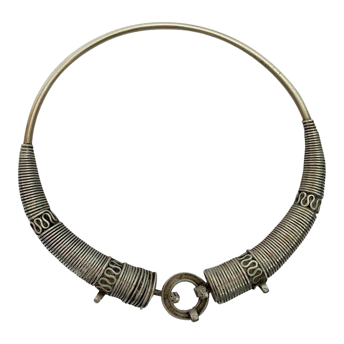 Traditional Silver Torque Necklace Chocker From Rajasthan India: Traditional torque or Hansuli silvered necklace choker from Lambadi or Banjara and Sugali People, Andhra Pradesh, India.t India, circa 1950.Fabulous vintage heavy spiral silvered plated choker