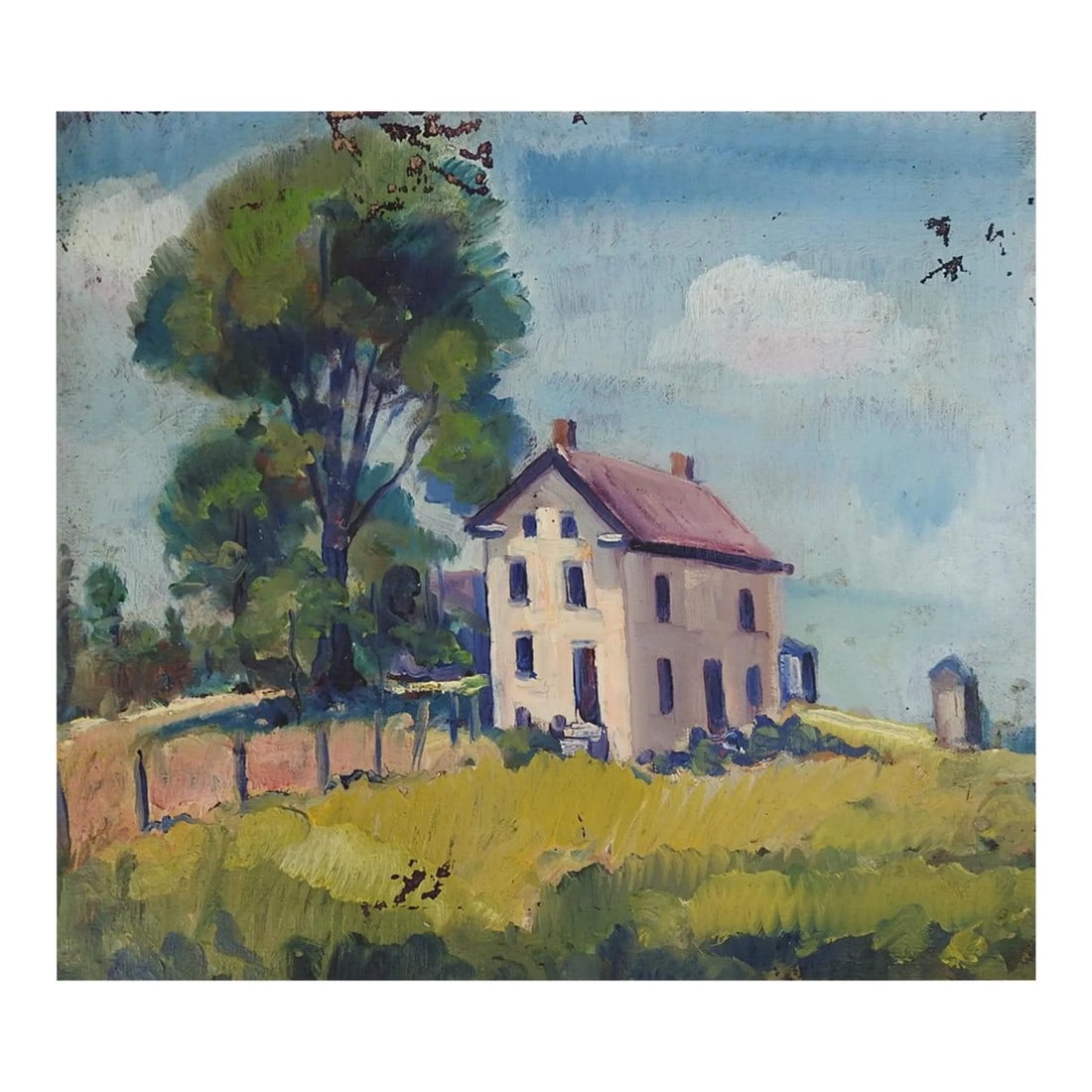 Early 20th Century Distressed Farmhouse Landscape Painting: Early 20th century oil on canvas distressed impressionist painting of farmhouse landscape. Signed Lowrence on verso. Unframed, scattered areas of paint loss, age wear and darkening. Condition: