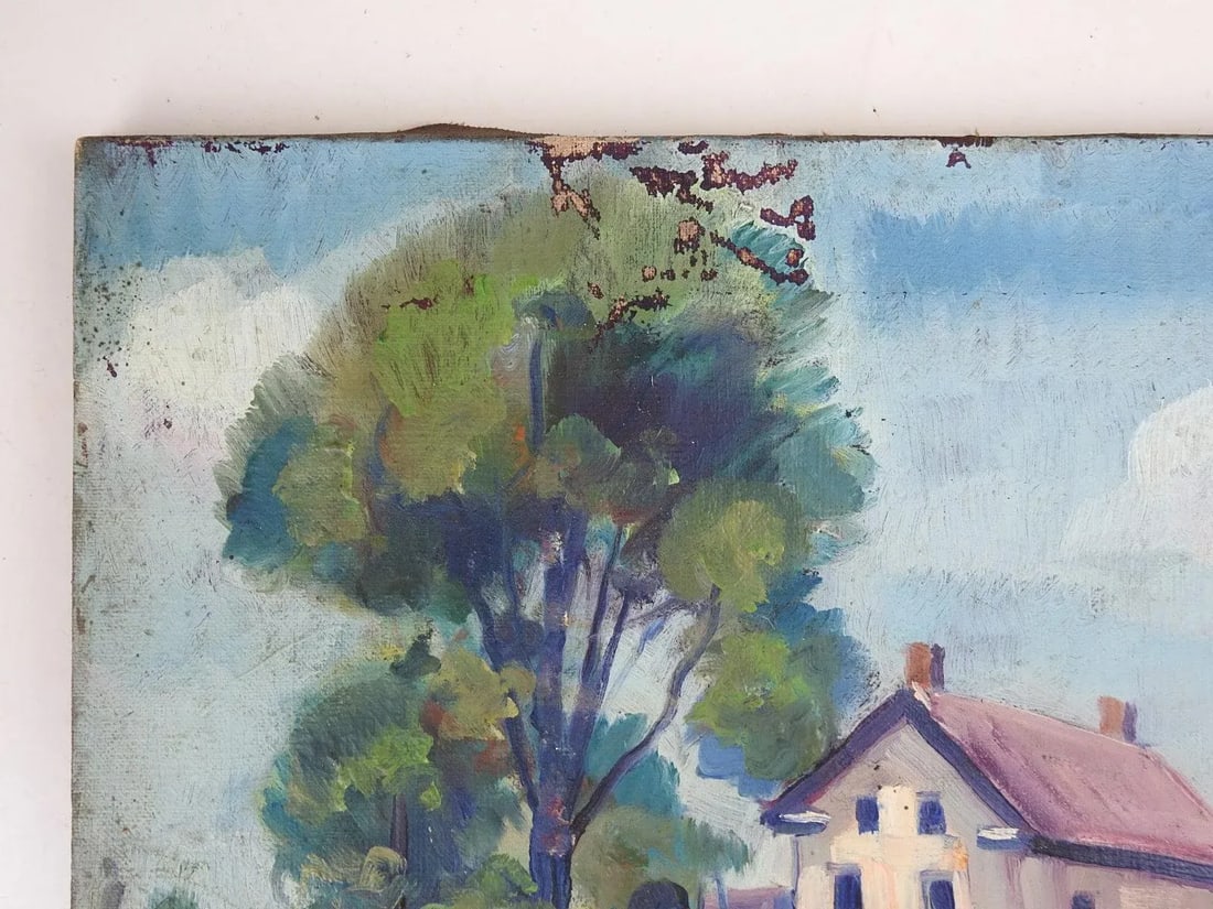 Early 20th Century Distressed Farmhouse Landscape Painting - 3
