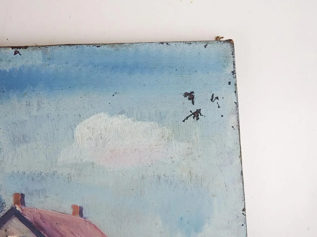 Early 20th Century Distressed Farmhouse Landscape Painting - 4