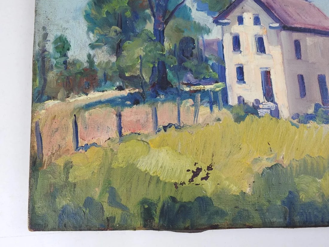 Early 20th Century Distressed Farmhouse Landscape Painting - 5