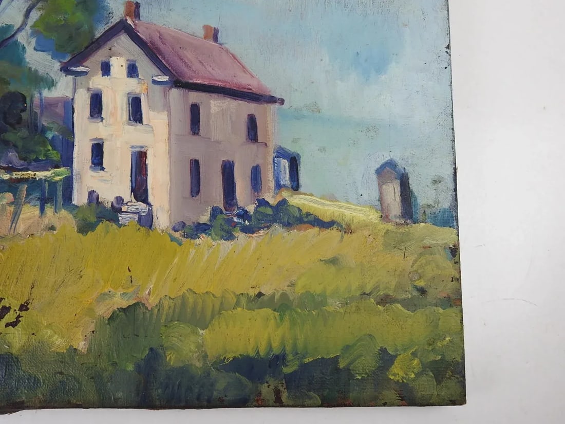 Early 20th Century Distressed Farmhouse Landscape Painting - 6