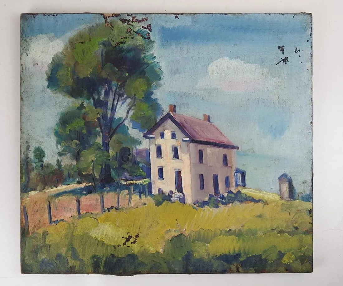 Early 20th Century Distressed Farmhouse Landscape Painting - 7