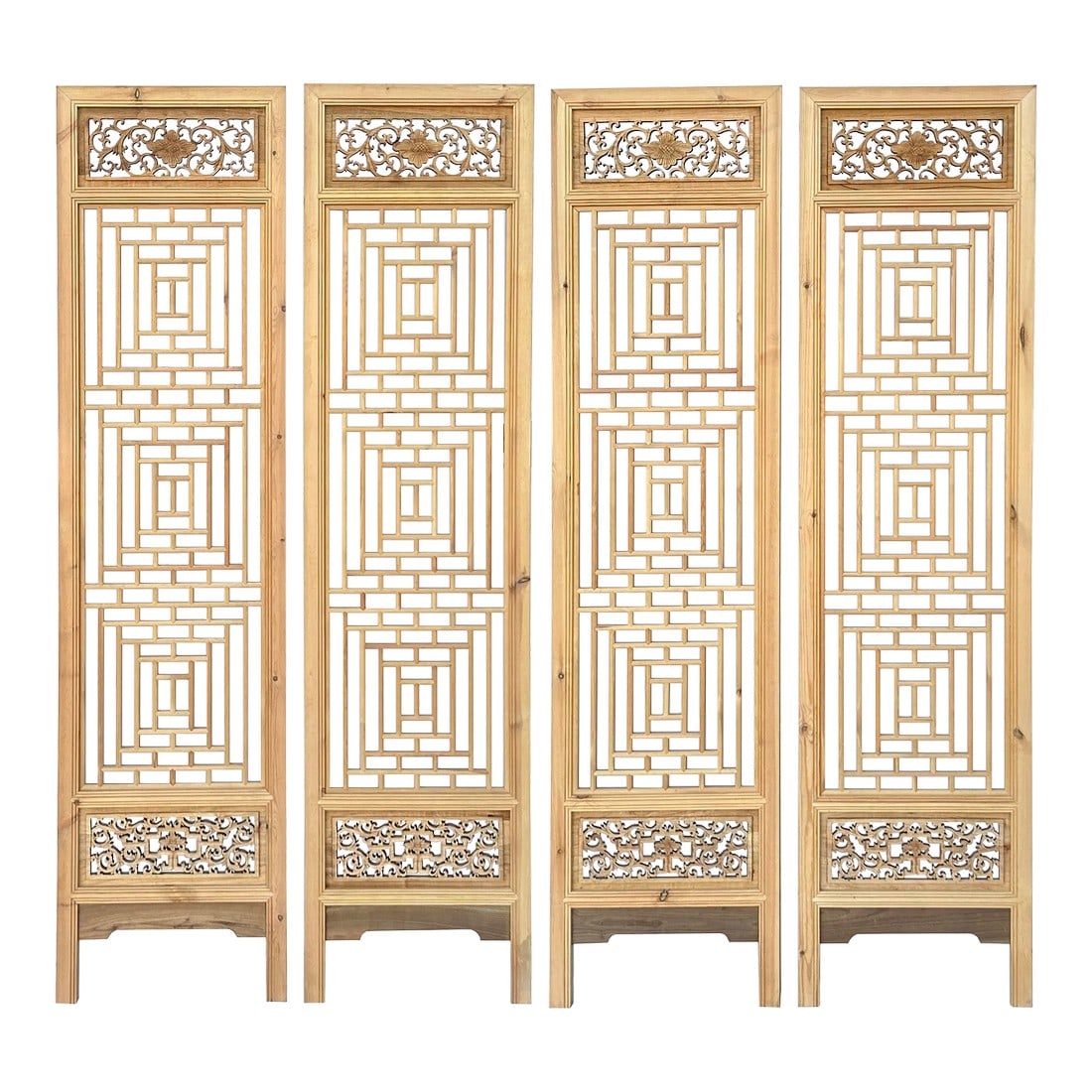 Oriental Geometric Pattern 4 Light Tan Wood Panel Floor Screen Set: Introducing a captivating and versatile addition to your living space – a set of four door panel floor screen room dividers that seamlessly blend functionality with timeless aesthetics. These ex