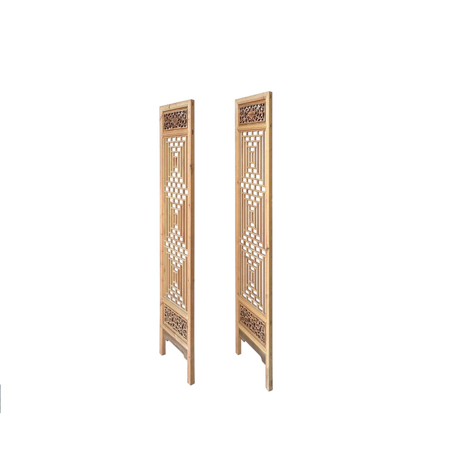 Oriental Geometric Pattern 4 Light Tan Wood Panel Floor Screen Set - 2