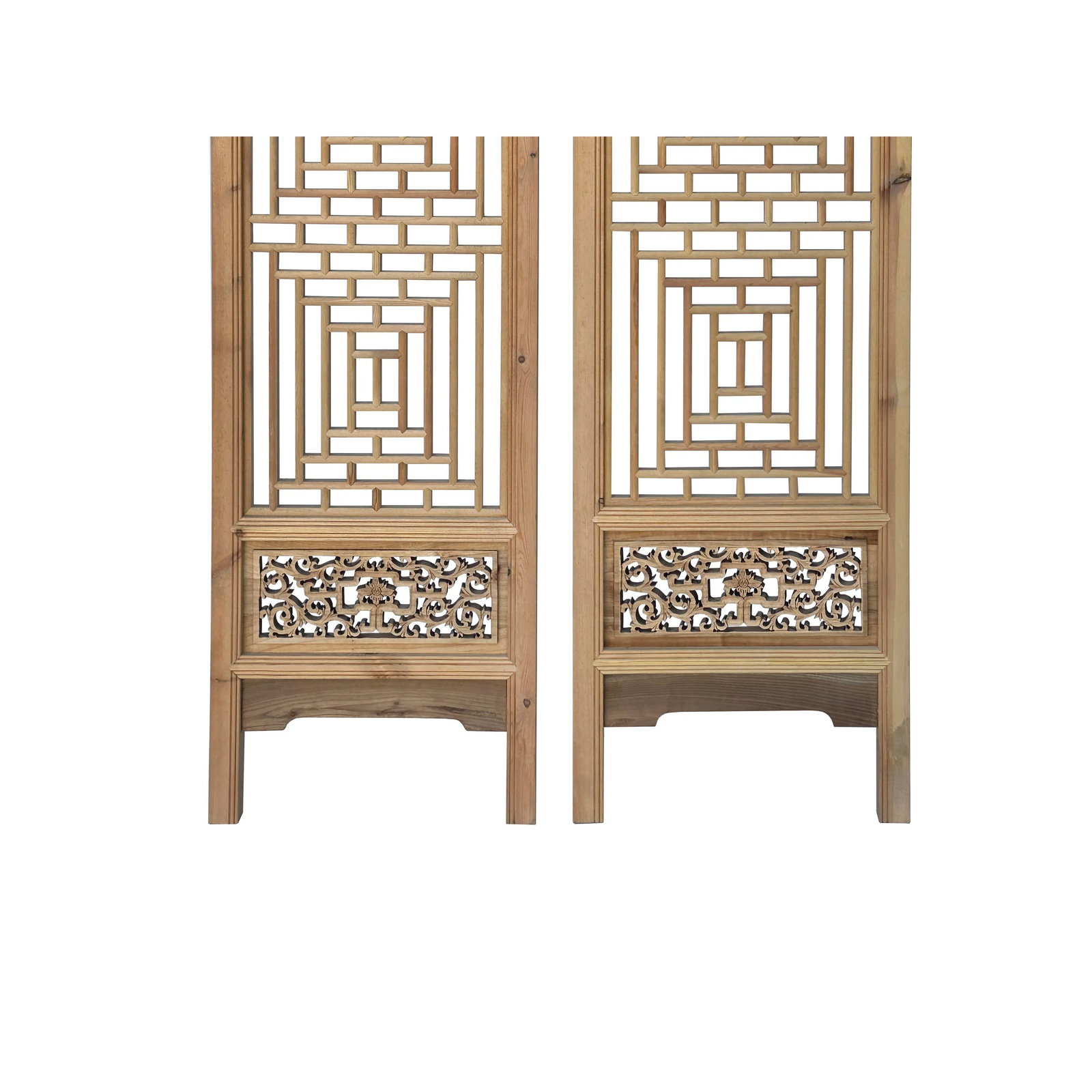 Oriental Geometric Pattern 4 Light Tan Wood Panel Floor Screen Set - 3