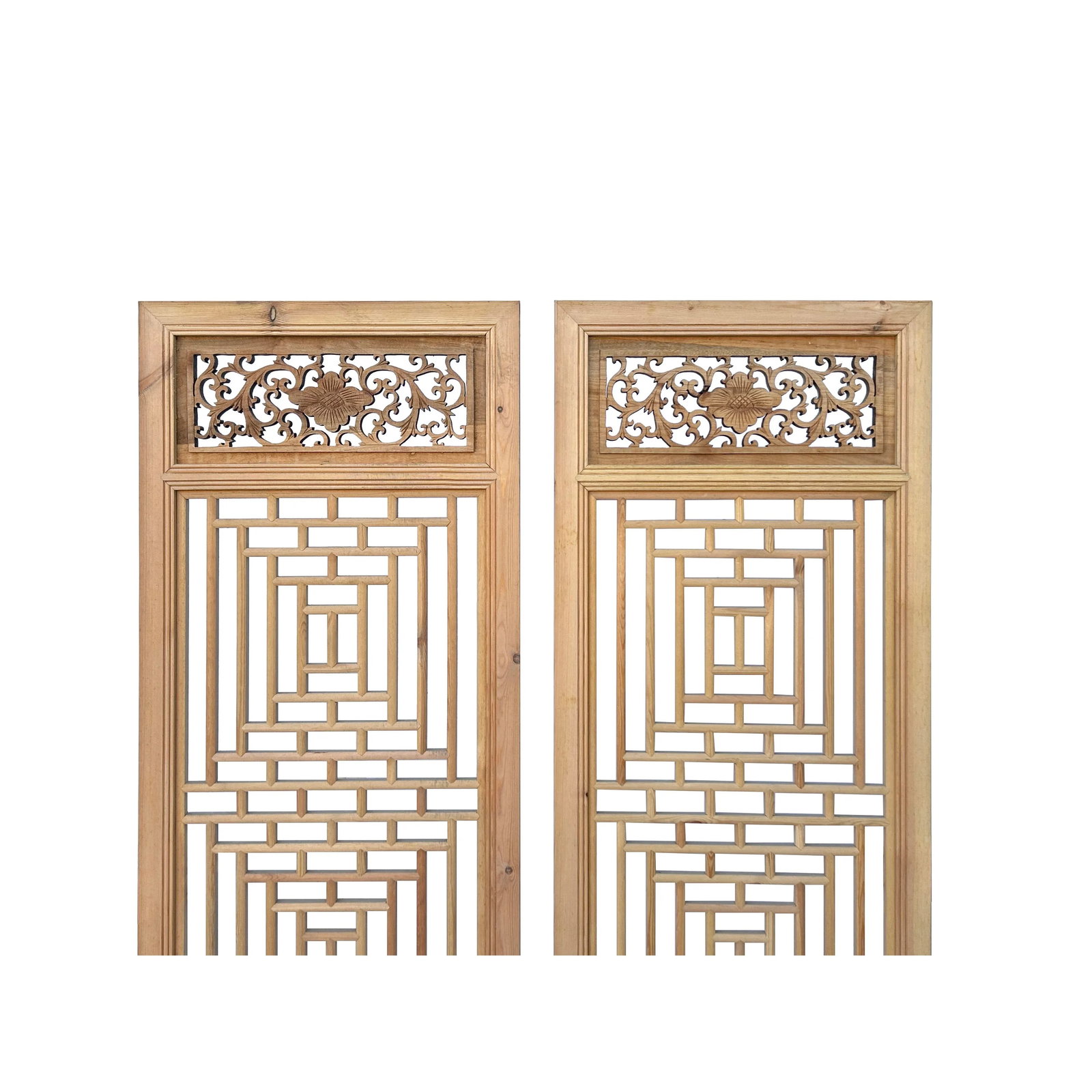 Oriental Geometric Pattern 4 Light Tan Wood Panel Floor Screen Set - 4