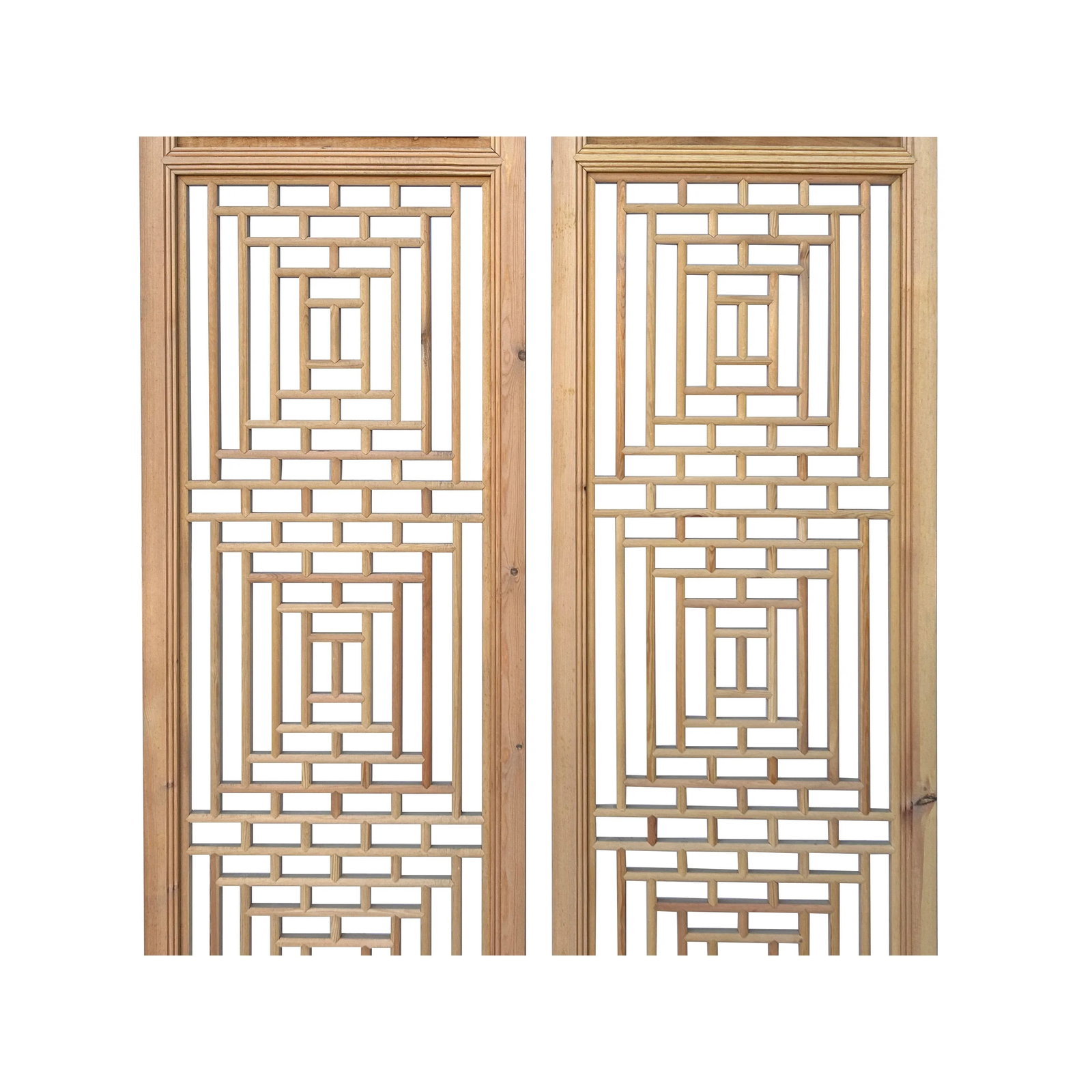 Oriental Geometric Pattern 4 Light Tan Wood Panel Floor Screen Set - 5