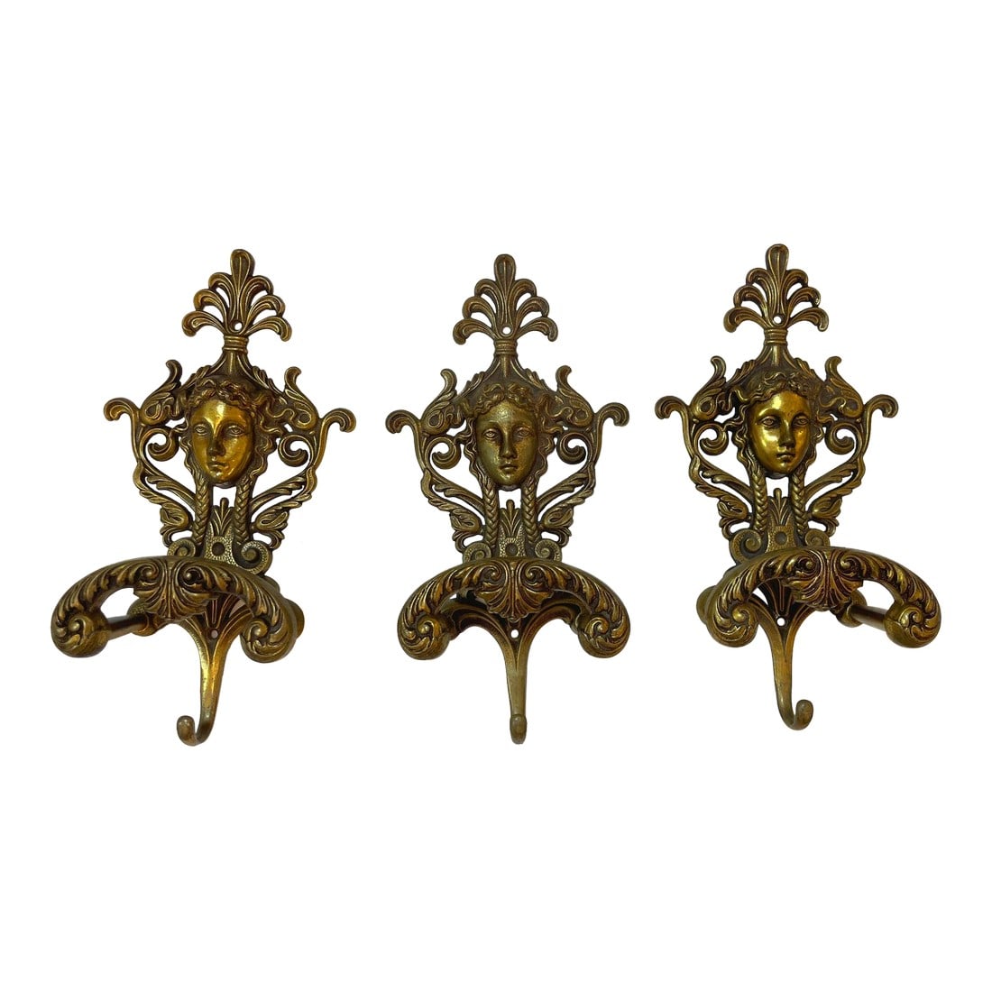 Antique Ornate Italian Figural Architectural Cast Brass Wall Hook Decor Set of 3 (1 of 12)