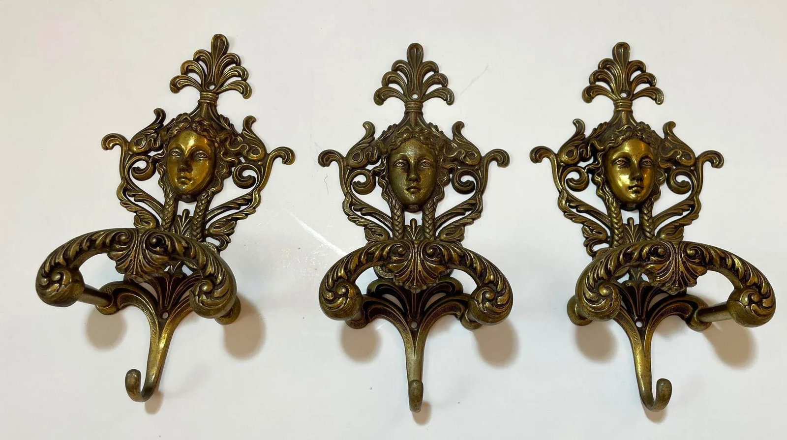 Antique Ornate Italian Figural Architectural Cast Brass Wall Hook Decor Set of 3 - 2