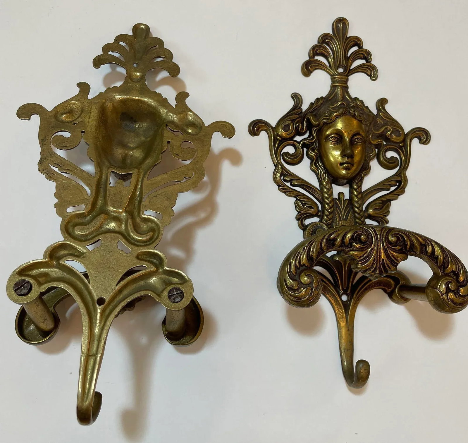 Antique Ornate Italian Figural Architectural Cast Brass Wall Hook Decor Set of 3 - 5