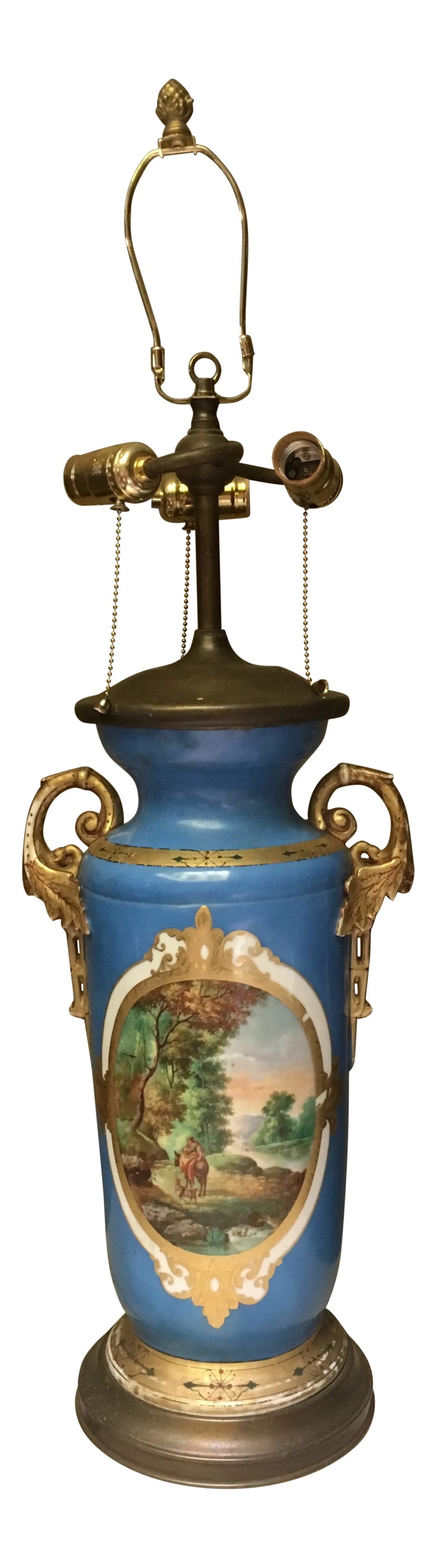 Large Paris Porcelain Hand Painted 3-Light Table Lamp: This is an absolutely fabulous, hand painted continental porcelain vase that was converted to a lamp. The painting on the front is exquisitely executed and looks like an oil painting with a scene of a