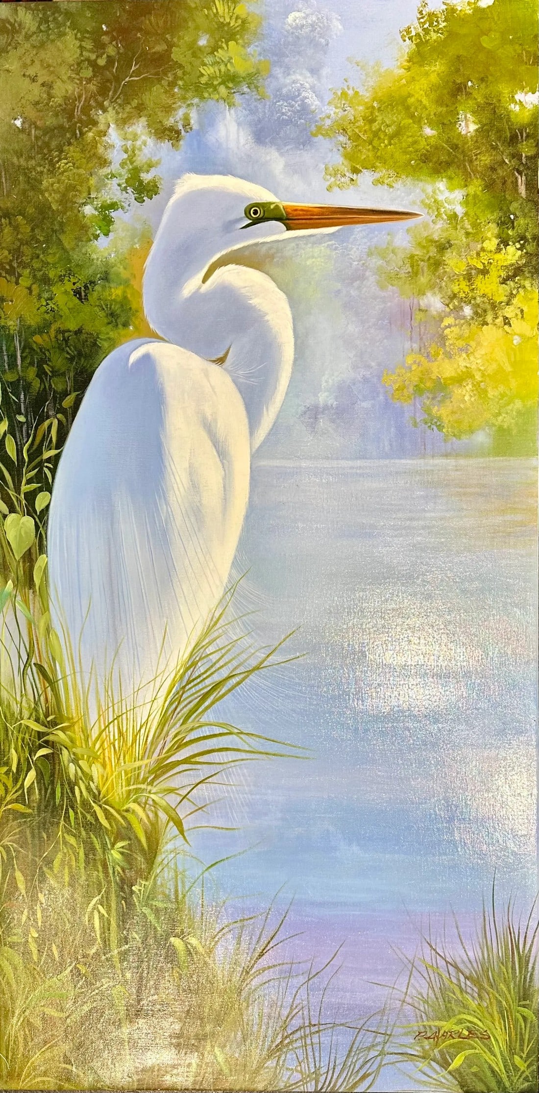White Egret in Marsh Landscape "” Serene Original Oil Painting by P. Charles: Original oil on canvas by P. Charles, circa 2017. A beautifully executed original oil painting of a white egret standing quietly along a luminous marsh shoreline, surrounded by soft foliage and