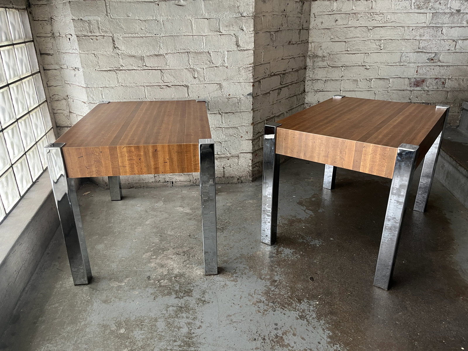 Pair of 1970s Mid-Century Modern Wood Laminate & Chrome Side Tables - 5
