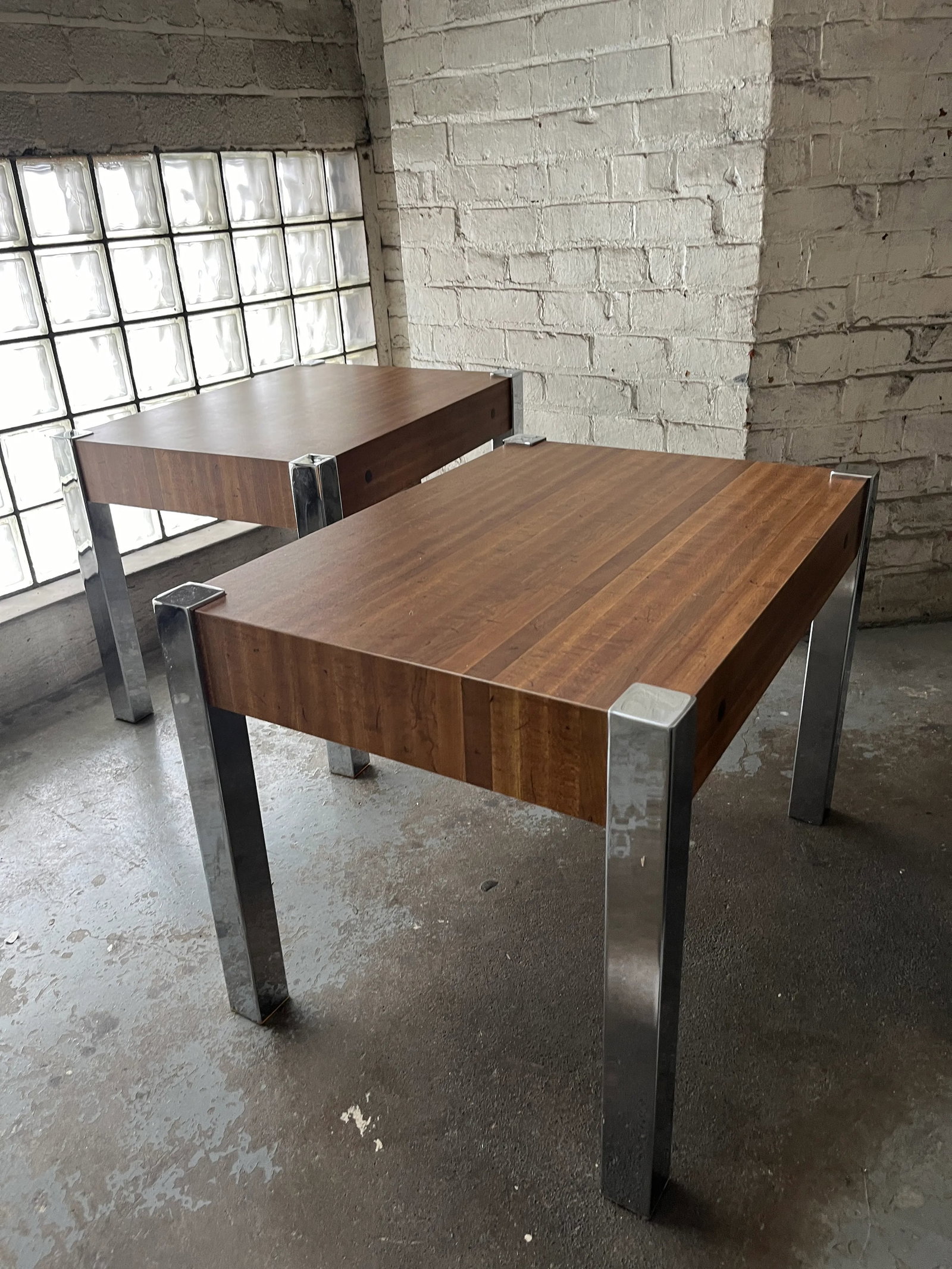 Pair of 1970s Mid-Century Modern Wood Laminate & Chrome Side Tables - 6
