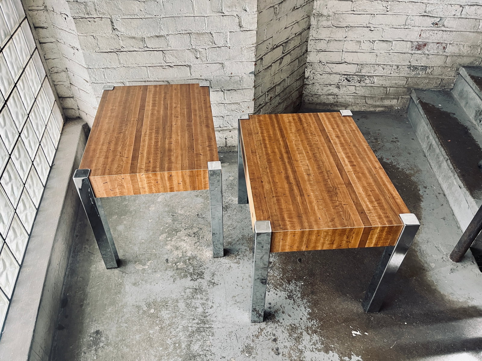 Pair of 1970s Mid-Century Modern Wood Laminate & Chrome Side Tables - 8