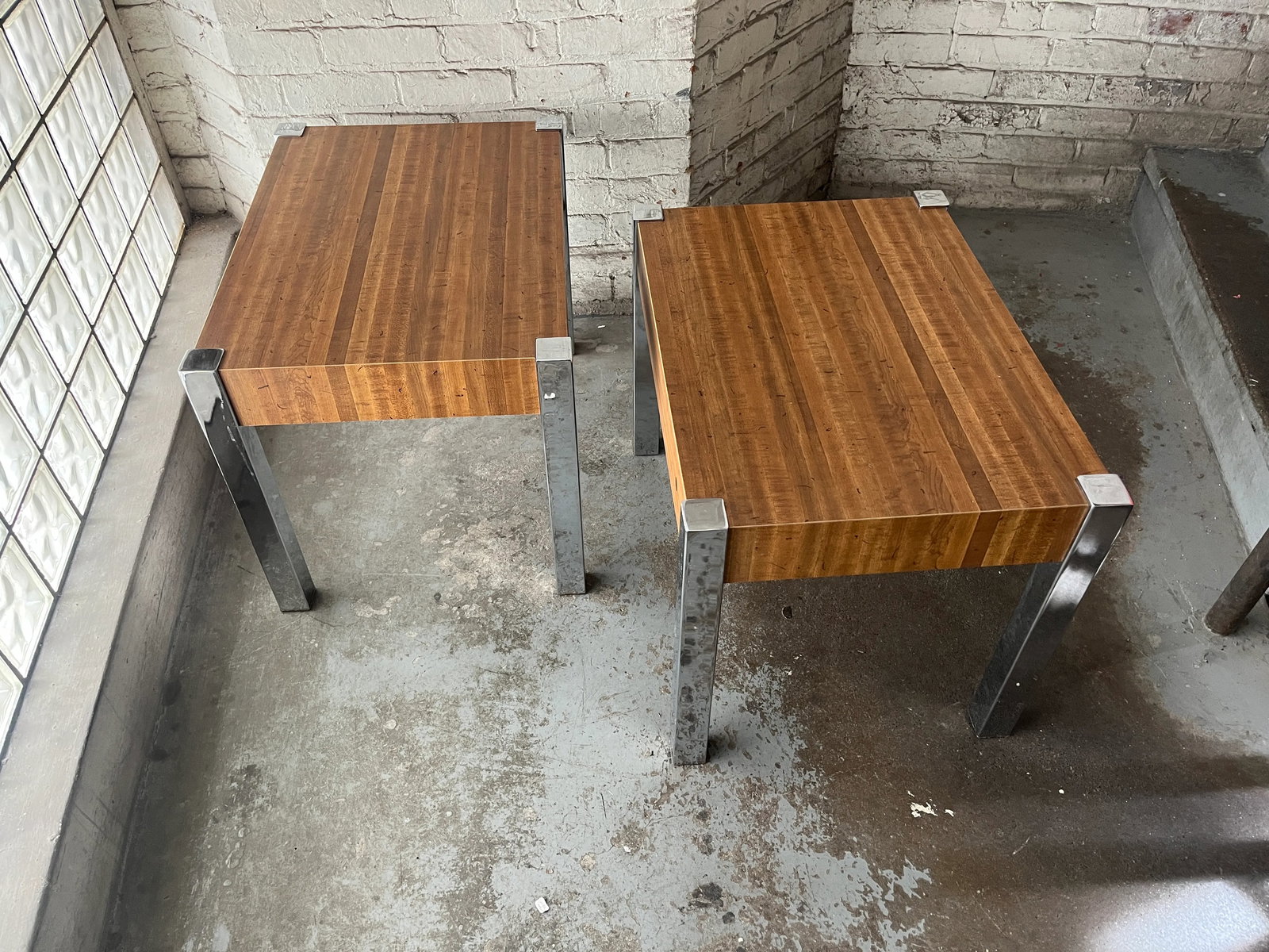 Pair of 1970s Mid-Century Modern Wood Laminate & Chrome Side Tables - 9