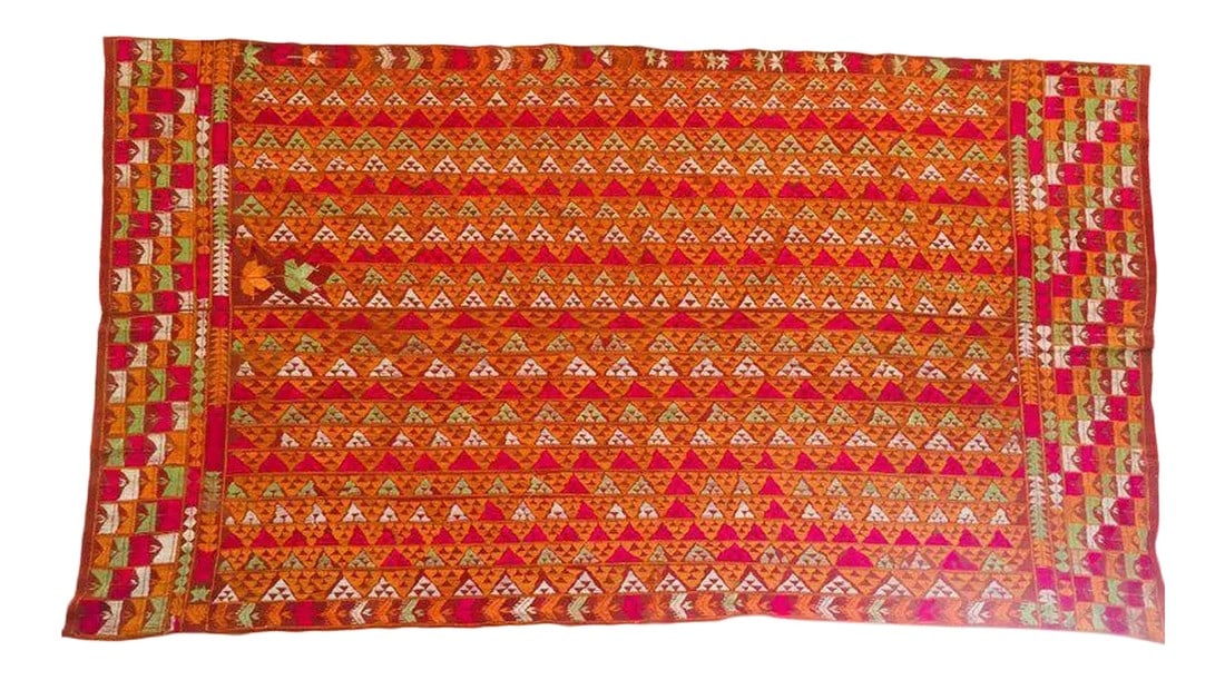 1960s Tribal Phulkari Wedding Shawl: A rare pattern embroidered in silk on a hand loomed cotton background. Punjab is known for its Phulkaris. The embroidery is done with floss silk thread on coarse handwoven cotton fabric. Geometrical