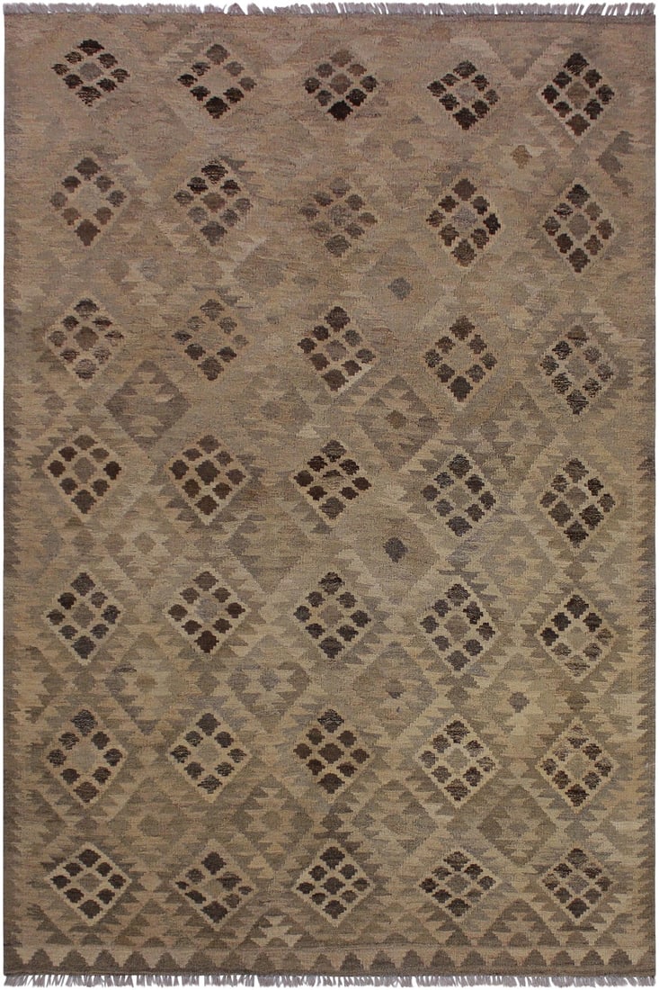 Boho Chic Kilim Tan Hand-Woven Wool Rug - 4"²6"³ × 6"²7"³: Add a touch of elegance to your home with this casual chic hand woven Tribal Kilim wool rug. Constructed on a loom by Nomad Turkman people with hand spun wool and 100% Natural Vegetable dyes these bea