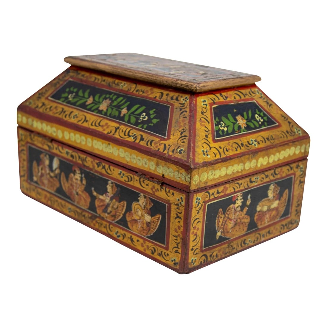 Anglo Raj Hand Painted Jewellery Wood Box 1920s: 1920s Hand Painted East Indian Decorative Box. An antique Rajasthani Indian hand painted wood box, early 20th century. The box is handcrafted of wood and feature a hinged lid that can be opened and cl