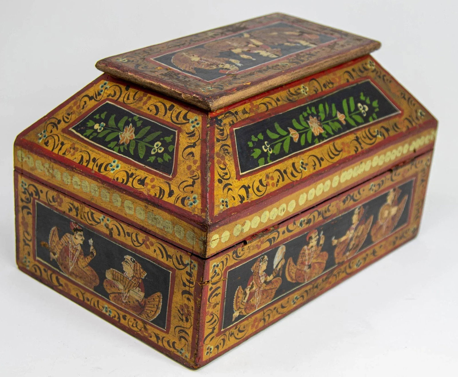 Anglo Raj Hand Painted Jewellery Wood Box 1920s - 3