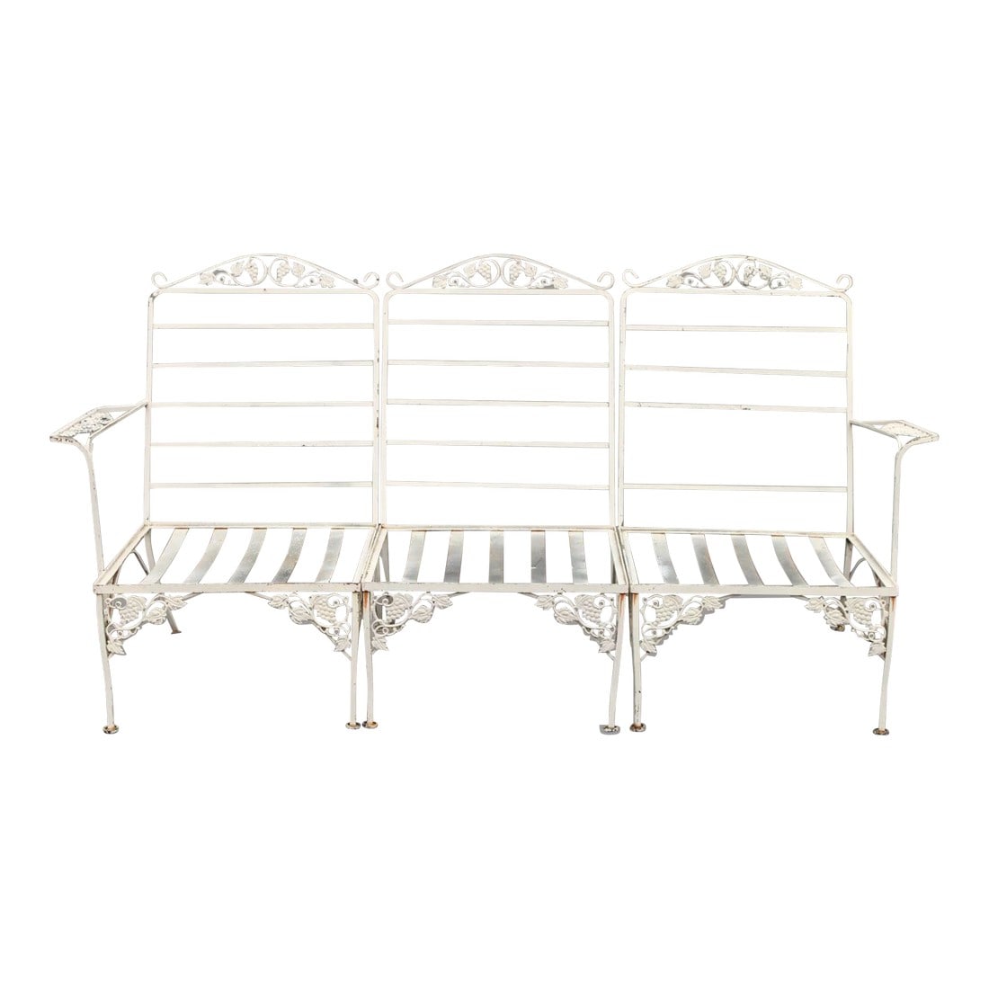 Vintage Quality Wrought Iron Three Piece Outdoor Patio Sofa: High Quality American Made Vintage Wrought Iron Three-Piece Outdoor Patio Bench with Grapevine Pattern Condition: Alterations: Original Condition Unaltered Imperfections: Some Imperfections Condition 
