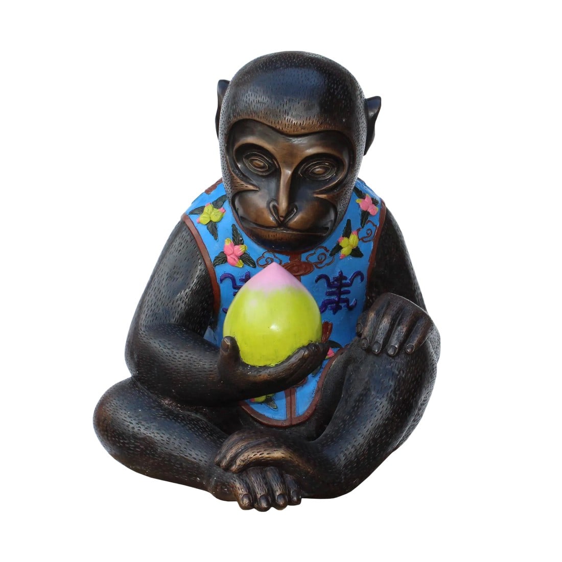 Handmade Brown Bronze Metal Ape Monkey With Peach Figure: This is an ape monkey figure made of metal in a brown bronze color with precise body pattern details. The dress and the peach are painted with color pigment. Dimensions: 15" x 15" x h19" ( approx 30
