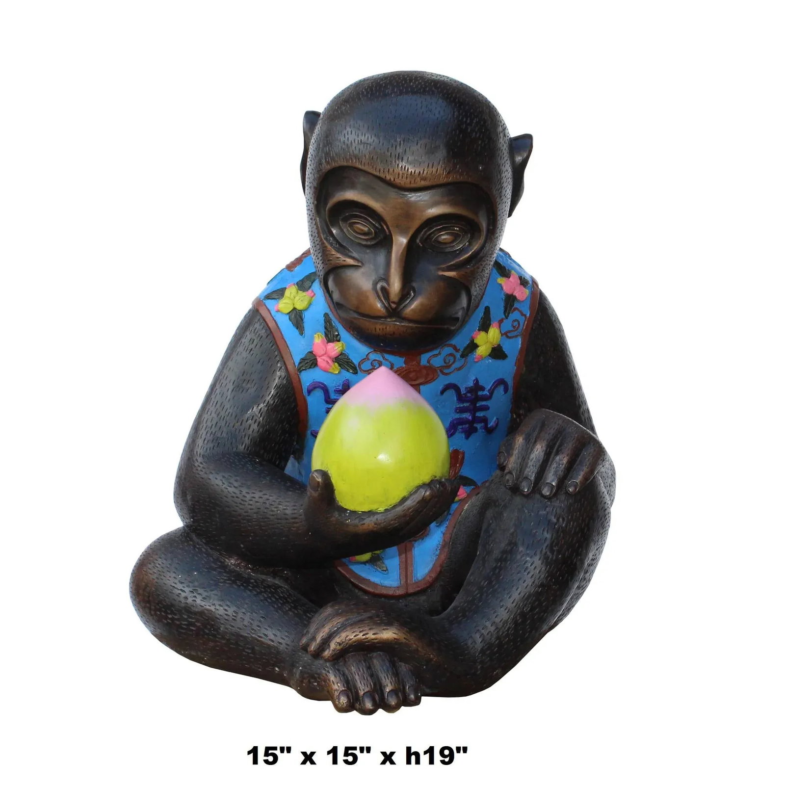 Handmade Brown Bronze Metal Ape Monkey With Peach Figure - 2