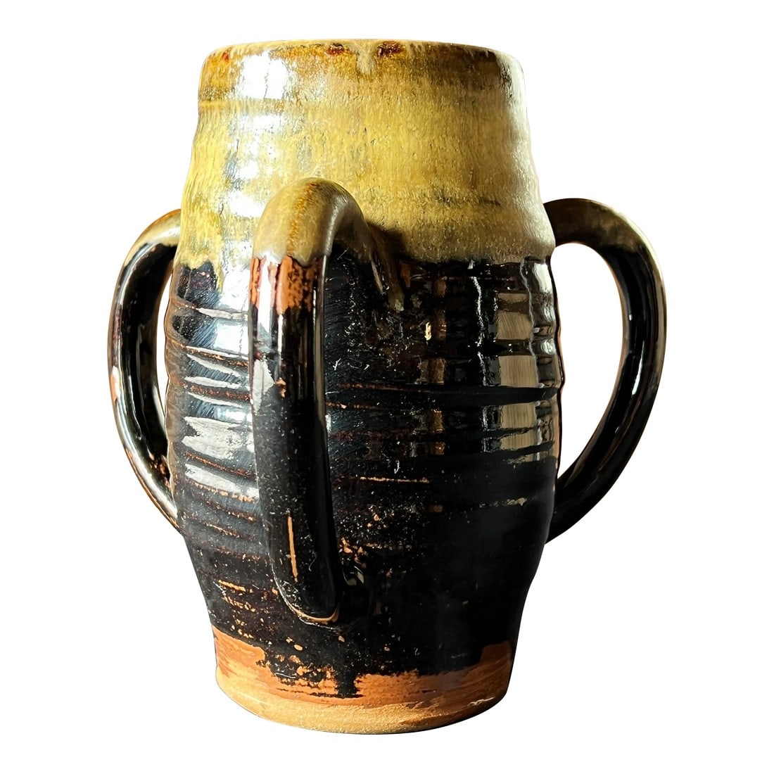 Vintage Studio Pottery 3 Handled Loving Cup: Fabulous vintage mid 20th century studio pottery loving cup! Very well made, artist signed with a chop mark that I am unable to attribute, but clearly by a skilled potter. It measures 7 3/4" in height